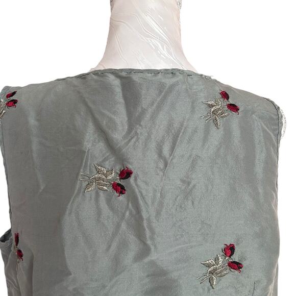 Vintage Sage Red Rose Embroidery Silk Shirt Womens Sz Medium Fall Fairy Feminine - Picture 14 of 16